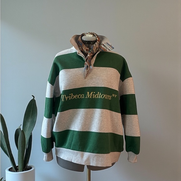 ZARA Tribeca Midtown Rugby Polo Sweatshirt Medium Green Gray Varsity Pullover - Picture 2 of 5